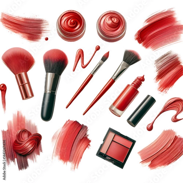 Fototapeta collection of Red paint brush stroke isolated on white background smudged makeup products