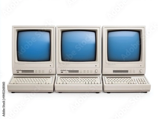 Obraz Vintage Computers with Blue Screens in a Row on White Background