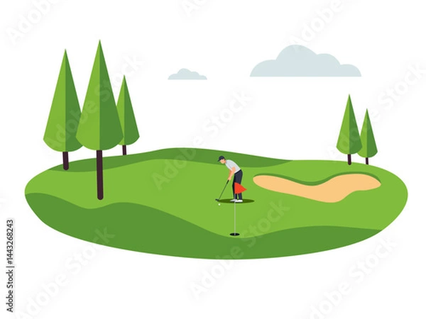 Fototapeta A golfer putting the ball on a green towards the hole with a red flag. Scenic golf course with trees, sand bunker, and clouds. Vector illustration.