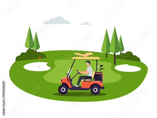 Fototapeta Golfer driving an orange golf cart on a lush green course. Features a hole with a red flag, sand bunkers, trees, and clouds. Vector illustration of a relaxing golf scene.