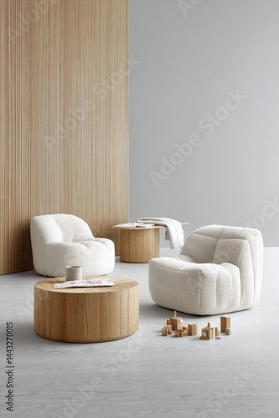 Fototapeta Modern living room, minimalist decor, charts on table, small toys scattered near plush seating - Rugs Comfortable Greenery