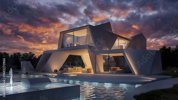 Fototapeta Modern architectural marvel: a white geometric house with pool at dusk under a vibrant sky