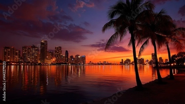 Obraz City skyline at sunset over a body of water, with palm trees on the shore