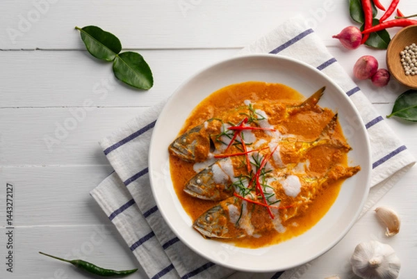Fototapeta Mackerel fish with red curry sauce topped with shredded kaffir lime leaves and chilli,Thai Chu Chee Fish Curry with coconut milk in white plate.Top view.