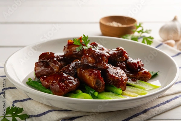 Fototapeta Close up Honey Braised Pork Baby Back Ribs or pork cartilage with soy sauce in white plate.