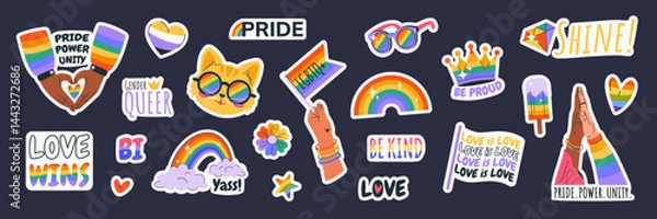 Obraz Happy Pride Month. LGBTIA stickers set. Isolated badges with signs, symbols, phrases, inclusive pride flags, cat, rainbow, hands, crown, hearts. Isolated elements on dark background. Vector clipart
