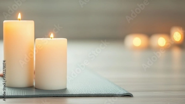 Fototapeta Relax muscles tranquility Concept, Calm and Serene Yoga Studio with Candles for Meditation and Stretching Practice