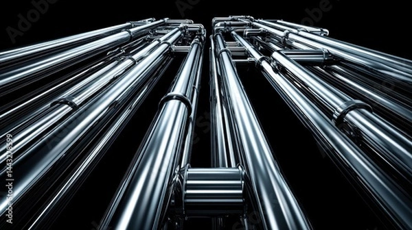 Fototapeta High-angle view of a complex network of pipes and valves, representing industrial engineering - manufacturing plant control