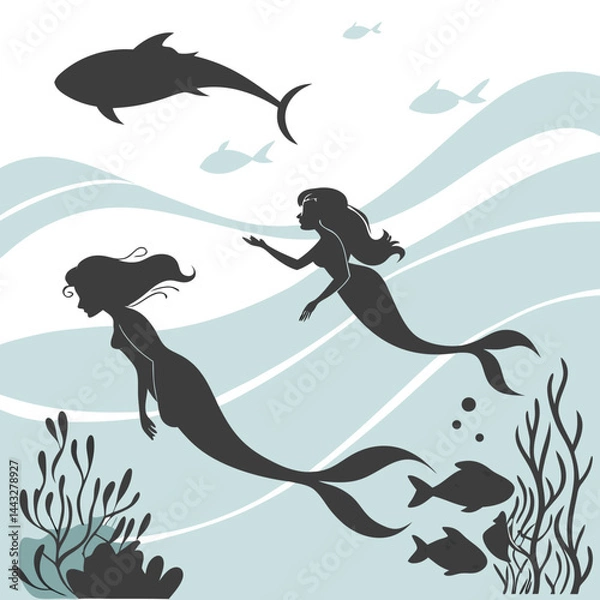 Fototapeta "Whimsical Mermaid Silhouette Vector Collection with Magical Sea Creatures and Ocean Fantasy Elements"