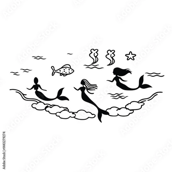 Fototapeta "Whimsical Mermaid Silhouette Vector Collection with Magical Sea Creatures and Ocean Fantasy Elements"