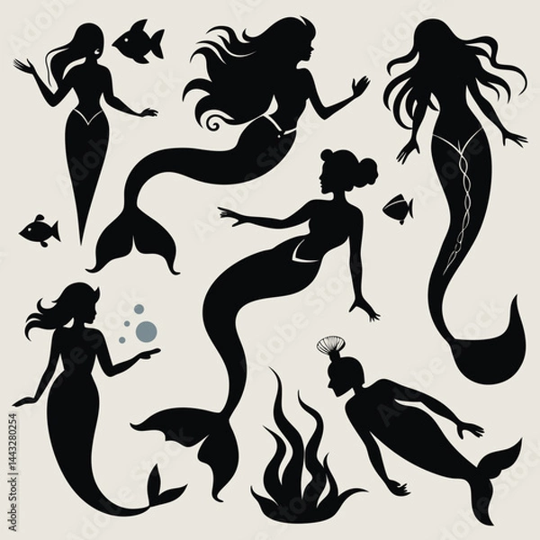 Fototapeta "Whimsical Mermaid Silhouette Vector Collection with Magical Sea Creatures and Ocean Fantasy Elements"