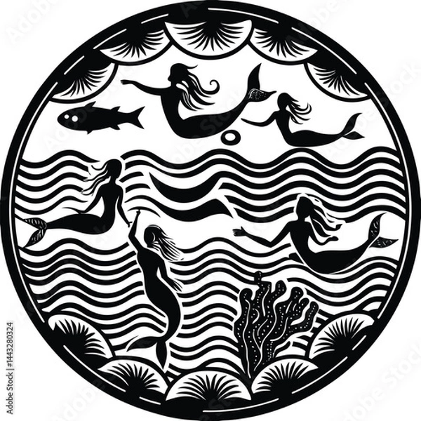 Fototapeta "Whimsical Mermaid Silhouette Vector Collection with Magical Sea Creatures and Ocean Fantasy Elements"