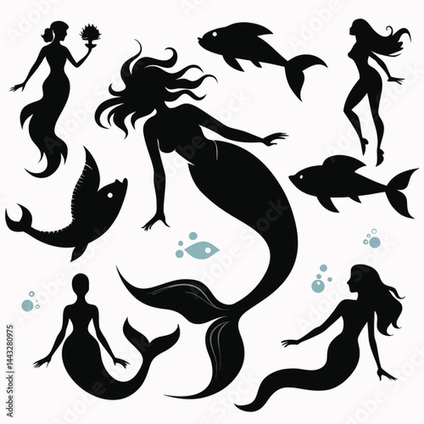 Fototapeta "Whimsical Mermaid Silhouette Vector Collection with Magical Sea Creatures and Ocean Fantasy Elements"