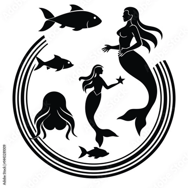 Fototapeta "Whimsical Mermaid Silhouette Vector Collection with Magical Sea Creatures and Ocean Fantasy Elements"