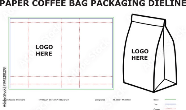 Fototapeta Paper coffee bag packaging dieline template with dimensions ready for custom logo design