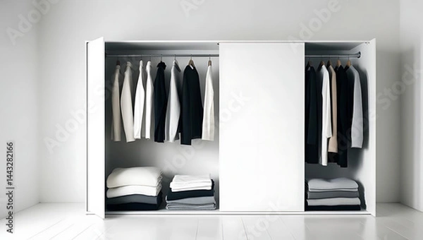 Obraz Minimalist Wardrobe with Organized Clothing in White Interior