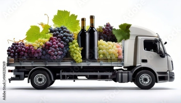 Fototapeta A truck loaded with assorted grapes, wine bottles, and grape leaves, symbolizing wine transport or vineyard harvest delivery.