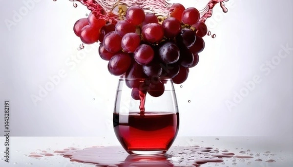 Fototapeta A bunch of red grapes splashes juice into a glass, creating a vibrant and refreshing scene.
