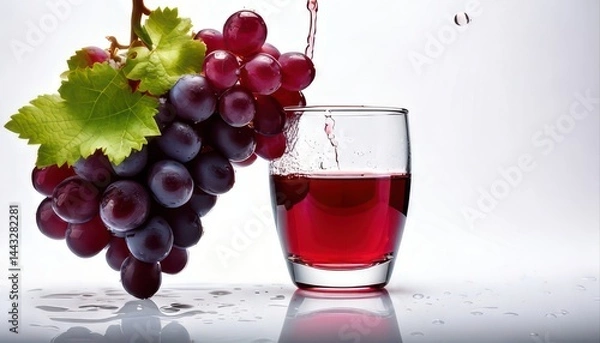 Fototapeta A bunch of fresh grapes with a glass of grape juice, set against a clean, white background with water droplets.