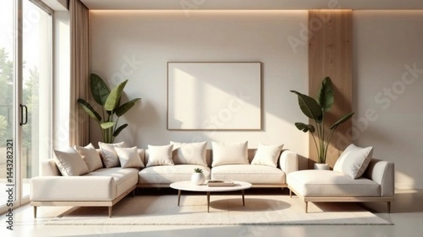 Fototapeta Serene Minimalist Living Room Design with Large Sectional Sofa and Natural Light