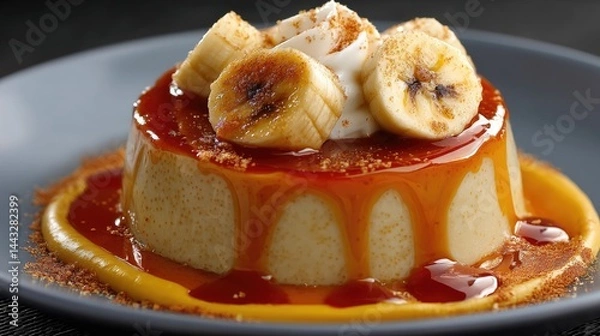 Fototapeta Creamy caramel flan dessert garnished with banana slices, whipped cream, and caramel drizzle. Perfect for sweet indulgence and gourmet presentation, served on an elegant dish.