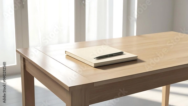 Fototapeta Minimalist Workspace: Notebook and Pen on Wooden Table