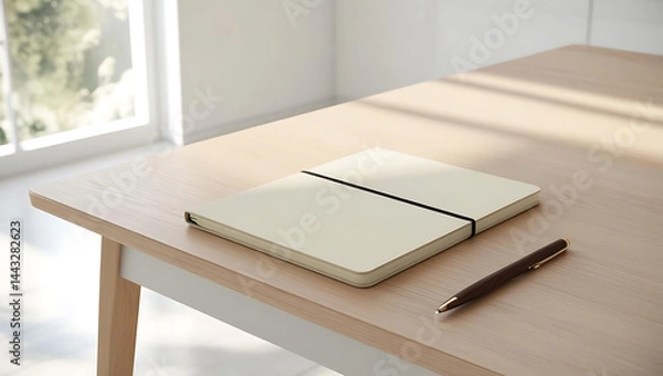 Fototapeta Open Notebook and Pen on Wooden Desk