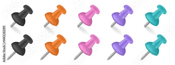Obraz Set of multicolored push pins. Black, orange, pink, purple and blue colors. Paper holder	