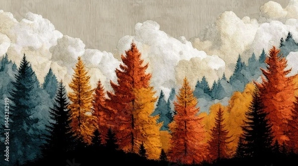 Fototapeta Colorful autumn forest featuring vivid orange and red trees, nestled against a mountain backdrop under a cloud-filled sky creating a serene seasonal setting.