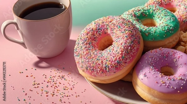 Fototapeta A delightful scene featuring colorful donuts with sprinkles on a plate, accompanied by a steaming cup of coffee on a pastel-hued surface.