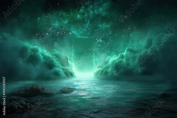 Obraz A surreal, glowing portal opens in a misty, otherworldly landscape beneath a star-filled sky, surrounded by clouds and cosmic light.