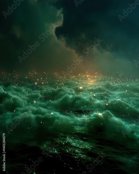 Obraz Glowing lights float over a dark, turbulent ocean under dramatic, stormy clouds, creating a surreal and mystical atmosphere.