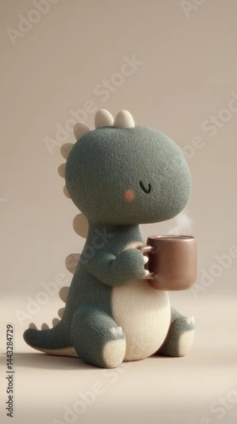 Fototapeta Cute art print of an adorable green dinosaur figurine holding a steaming cup in a warm and cozy atmosphere, symbolizing comfort, relaxation, and charm in a minimalistic beige background.