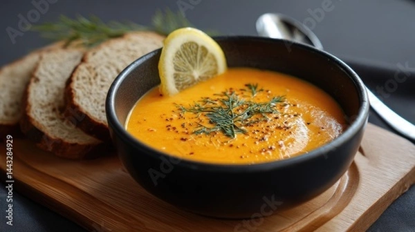 Fototapeta Delicious carrot soup served in a black bowl garnished with fresh herbs and lemon slice alongside bread slices on a wooden tray, offering a warm and wholesome dining experience.