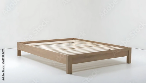 Obraz Minimalist Light Wood Bed Frame on White