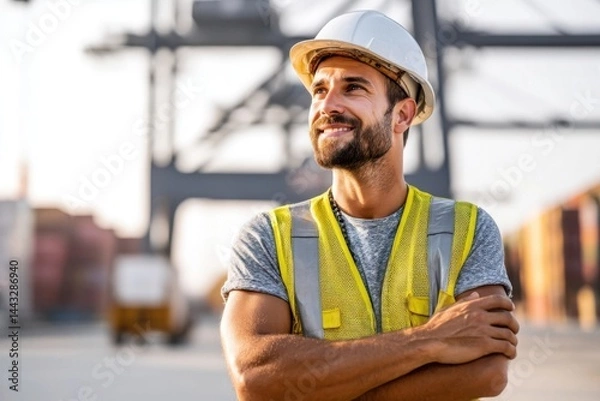 Obraz Confident worker in safety vest and hardhat, arms crossed, looking away, at a shipping port.