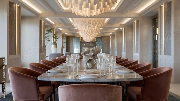 Fototapeta A long dining table set with plates and glasses under a modern chandelier in a bright elegant room