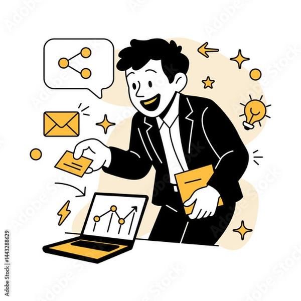 Fototapeta Vector illustration of a businessman networking with business cards, sharing ideas and data from a laptop.