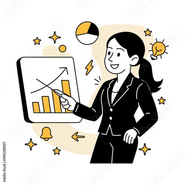 Fototapeta Vector illustration of a businesswoman giving a chart presentation with graphs and data analysis