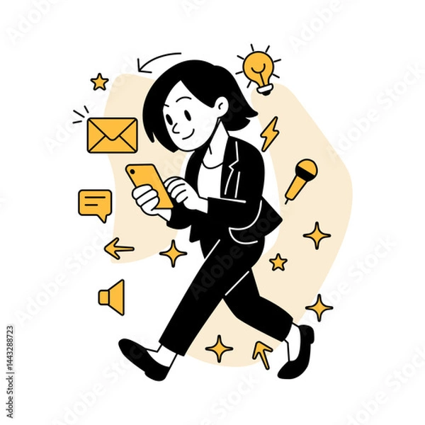 Obraz Vector illustration of a businesswoman walking while using a mobile phone for business chat, symbolizing fast digital communication, messaging, and remote work in a modern setting