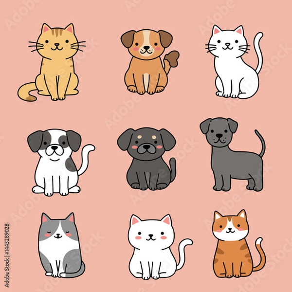 Fototapeta Cute pets collection. Vector flat cats and dogs set. Cartoon pets bundle