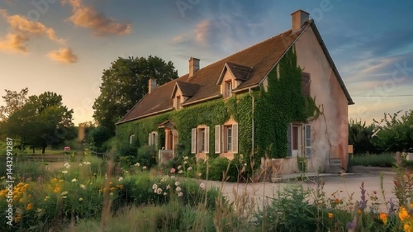 Fototapeta Ivy covered house with flower garden under a cloudy sky at dusk in the countryside setting view