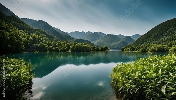 Fototapeta A serene lake surrounded by lush green mountains under a clear blue sky on a sunny day scene