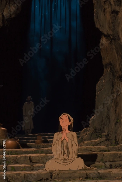 Obraz CARTOON - a hyperrealistic, emotionally powerful cinematic scene of Hannah, a devout woman from the Bible, kneeling in deep prayer at the entrance of the tabernacle in Shiloh.