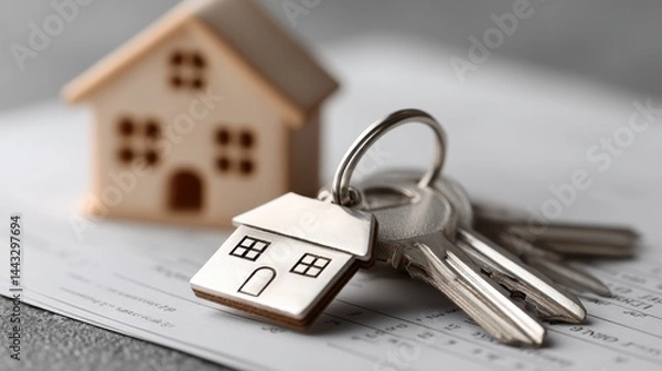 Fototapeta Keys to a house and a house model sitting atop legal documents - secure title future property