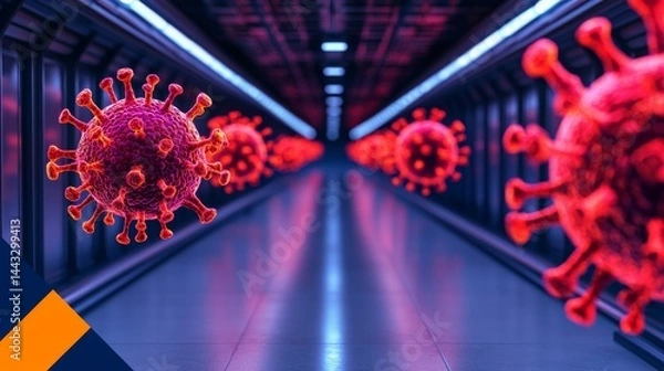 Fototapeta Health, immunity and routine concept. Digital representation of viruses in a futuristic corridor.