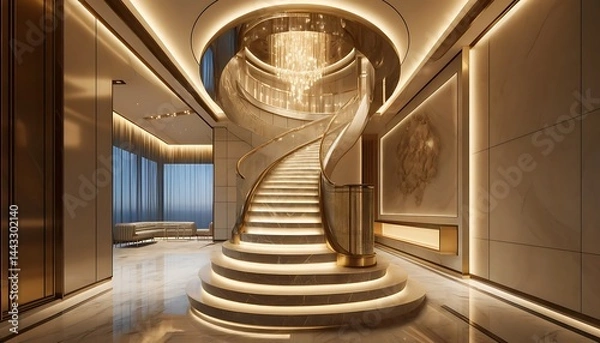 Fototapeta Illuminated spiral staircase with gold accents in a luxurious modern interior design setting