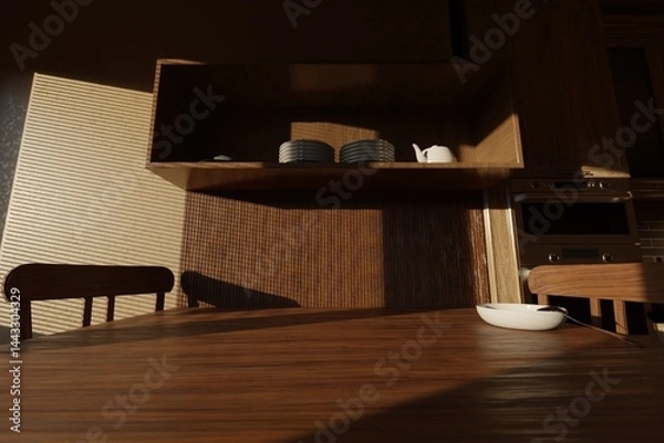 Fototapeta Set table with one plate, cozy home interior with soft lighting.
