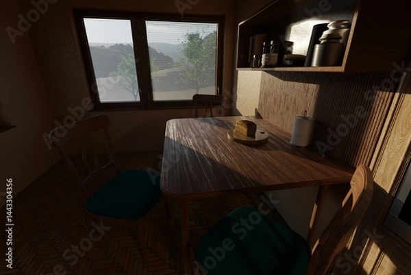 Fototapeta Clean wooden table with bread on cutting board, cozy home interior with soft lighting.