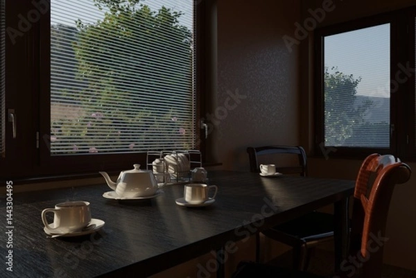 Fototapeta Modern kitchen interior with a set table: teapot, cups and morning light. Warm and cozy atmosphere.